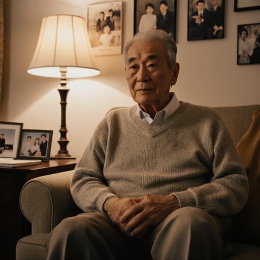 80대 한국인 남성이 편안한 니트 스웨터와 슬랙스를 입고 소파에 앉아 차분한 표정을 지으며 가족과의 대화를 기다리는 모습의 반신 사진입니다. 따뜻한 조명과 가족 사진이 장식된 아늑한 거실이 따뜻한 분위기를 만들어냅니다.