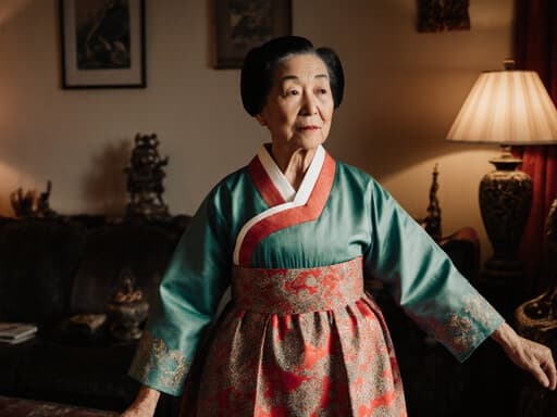 이 이미지는 80대 아시아계 여성이 반신 촬영으로 전통 한복을 우아하게 입고 있는 모습입니다. 그녀는 춤추는 자세를 취하고 있지만, 눈빛은 멀리 응시하고 있으며, 아늑한 거실의 전통 장식품들 속에 위치해 따뜻하고 초대하는 분위기를 만들어냅니다.