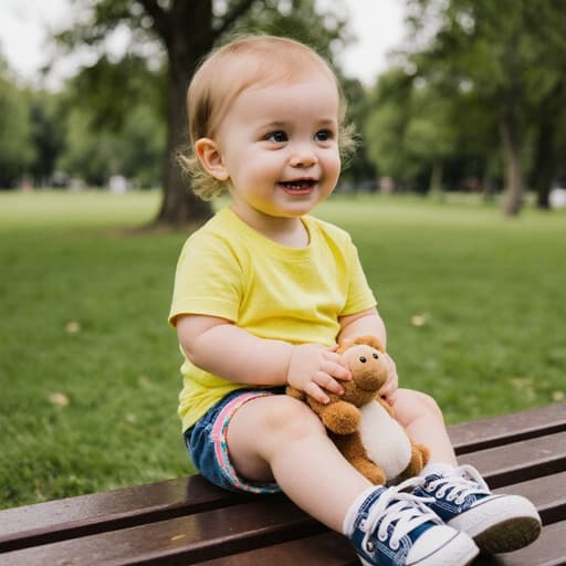 공원 벤치에 앉아 있는 귀엽고 사랑스러운 3세의 유럽계 여아의 반신 사진. 밝은 색상의 티셔츠와 반바지, 편안한 운동화를 착용하고 있으며, 장난감 인형을 가슴에 안고 주변을 바라보며 즐거운 미소를 짓고 있습니다. 푸른 잔디와 나무들이 있는 아늑한 공원 풍경이 따뜻하고 행복한 분위기를 만들어냅니다.