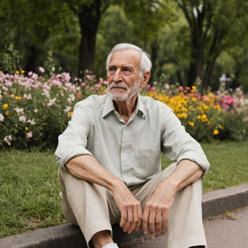 70대 유럽계 남성이 캐주얼한 셔츠와 면바지를 입고 한적한 공원에서 편안하게 풀밭에 앉아 주변을 바라보며 무관심한 표정을 짓고 있는 모습의 반신 초상. 푸르른 나무와 꽃들이 어우러진 평화로운 분위기 속에서 여유로움을 느끼고 있습니다.