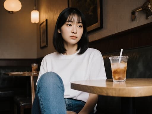 20대 동양인 여성의 반신 사진으로, 자연스러운 외모를 가진 캐주얼한 티셔츠와 청바지를 입고 아늑한 레스토랑에 앉아 있습니다. 그녀는 다리를 뻗고 테이블 위의 음료를 바라보며 친구들과의 만남에 집중하고 있습니다. 레스토랑의 따뜻한 분위기가 편안한 장면을 더욱 잘 나타내고 있습니다.