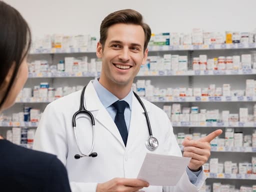 30대 유럽계 남성 약사가 흰색 가운과 청진기를 착용하고 약국에서 자신 있게 서 있습니다. 그는 고객과 소통하며 밝은 미소를 지으며 한 손에 처방전을 들고 다른 손으로 약품 진열대를 가리키고 있습니다.
