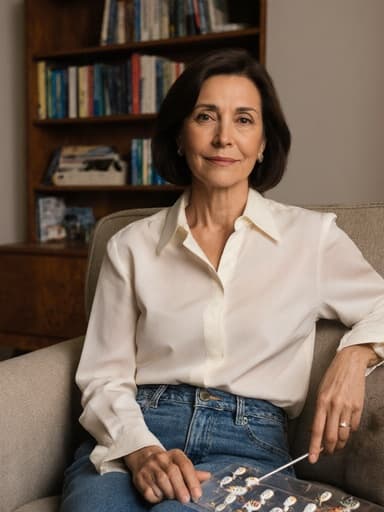 40대 혼혈 여성의 반신 사진으로, 세련된 블라우스와 편안한 청바지를 착용하고 아늑한 거실에 앉아 있습니다. 그녀는 어류 분류 도구를 들고 있으며, 배경에는 어류 관련 서적이 꽂힌 책장이 있어 그녀의 전문성과 열정을 잘 나타냅니다.