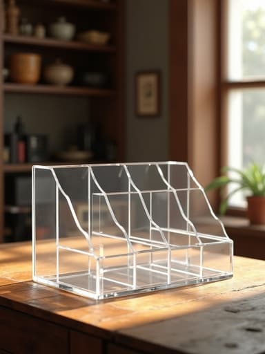 빈티지 앤티크 숍의 나무 선반 위에 놓인 아크릴 정리함, 창문을 통해 들어오는 따뜻한 자연광이 부드러운 그림자를 드리우고 나무의 세밀한 질감을 강조합니다.