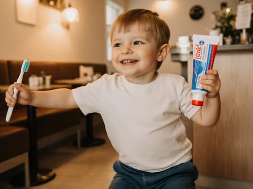 사랑스러운 3세 백인 남아가 밝고 아늑한 카페에서 장난스럽게 스트레칭을 하며 치약과 칫솔을 들고 있습니다. 편안한 티셔츠와 바지를 입고, 치아 위생의 즐거움을 담은 기분 좋은 표정을 짓고 있습니다. 따뜻한 조명이 카페의 아늑한 분위기를 강조하며, 장면을 생동감 있고 매력적으로 만듭니다.