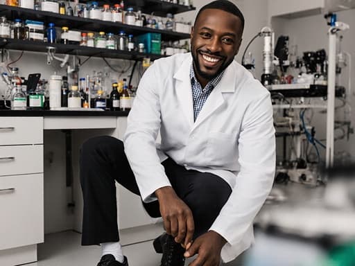40대의 자신감 있는 흑인 남성이 실험실 가운과 스마트 캐주얼 의상을 입고 신발을 조정하는 모습으로, 다양한 실험 도구와 화학 시약들이 있는 현대적인 실험실 배경에서 밝게 웃으며 긍정적인 에너지를 발산하고 있습니다.
