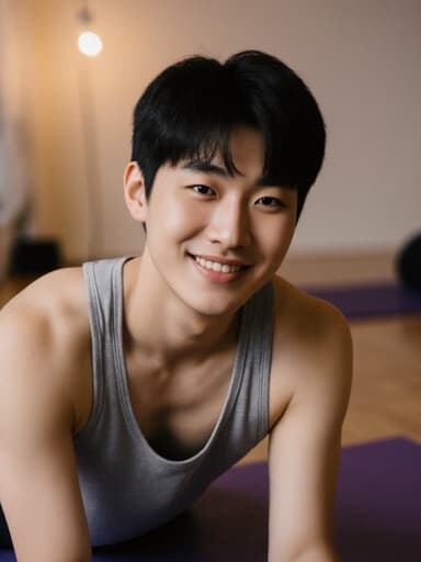 10대 후반의 동양인 남성이 편안한 요가복을 착용하고 매력적인 미소를 지으며 요가 매트 위에서 요가 자세를 취하고 있는 반신 사진입니다. 배경에는 부드러운 조명이 비치는 아늑한 요가 공간이 있어 따뜻하고 평화로운 분위기를 자아냅니다.