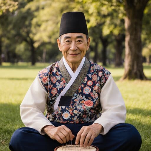 전통 한복을 입고 크로스 레그로 앉아 전통 악기를 다루고 있는 80대 혼혈 남성의 반신 초상, 햇살이 비추는 공원에서 지혜와 향수를 전달합니다.