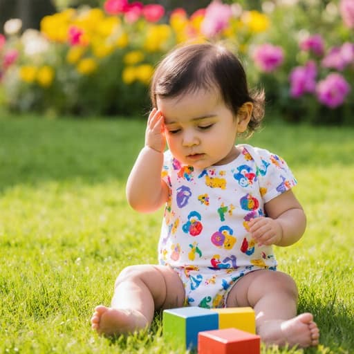 귀여운 외모의 1세 중동계 여성 아기가 밝은 색상의 귀여운 패턴이 있는 바디수트를 입고 졸린 표정을 지으며 눈을 비비고 있는 모습의 반신 사진입니다. 그녀는 햇살이 비치는 공원 잔디 위에 앉아 작은 색깔 블록을 만지며 놀고 있고, 푸른 잔디와 꽃들이 있는 편안한 환경 속에서 즐겁고 평화로운 분위기를 자아냅니다.