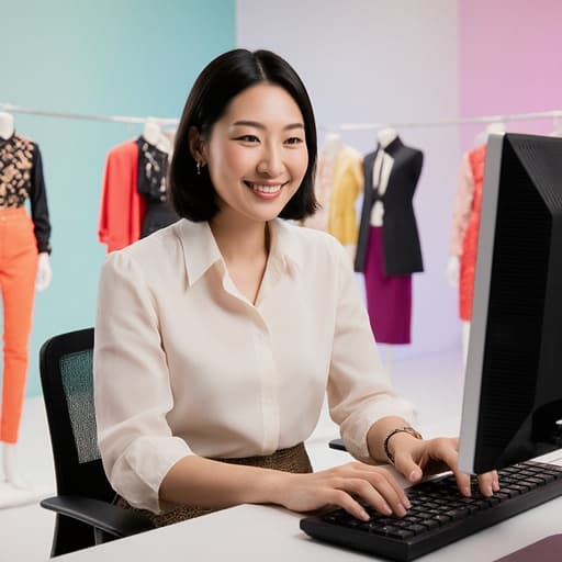 30대 아시아계 여성이 컴퓨터 앞에 앉아 긍정적인 미소를 지으며 타이핑하고 있습니다. 그녀는 세련된 블라우스와 스커트를 착용하고 현대적인 액세서리로 포인트를 주었으며, 화려한 패션쇼 무대 뒤에서 다양한 패션 아이템이 전시된 배경이 트렌디하고 에너제틱한 분위기를 전달합니다.