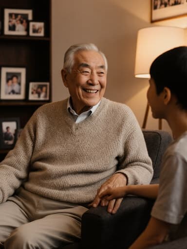 80대 아시아계 남성이 자연스러운 외모와 따뜻한 미소를 지으며 가족과의 행복한 순간을 만끽하는 하프 바디 샷입니다. 그는 편안한 니트 스웨터와 면 바지를 착용하고 아늑한 거실에 앉아 있으며, 손자와 이야기를 나누며 따뜻함과 행복을 드러내고 있습니다. 배경에는 가족 사진과 부드러운 조명이 있는 아늑한 거실이 있어 가족의 사랑과 편안한 분위기를 강조합니다.