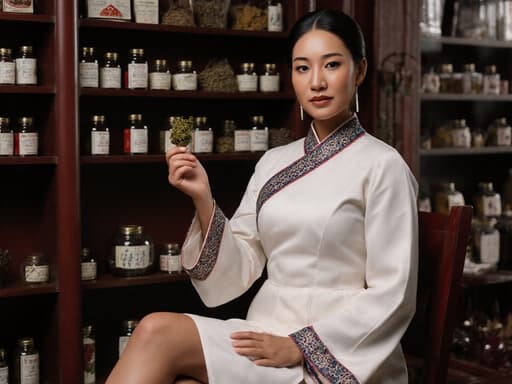 30대 아프리카계 여성이 전통 한의사 복장을 입고 우아하게 앉아 있는 반신 촬영입니다. 그녀는 다리를 뻗고 손에는 한방 약재를 들고 있습니다. 배경은 한방 약재와 치료 도구들이 진열된 전통적인 한의원 내부로, 전통 치유의 예술을 강조하는 진정한 분위기를 만들어냅니다.