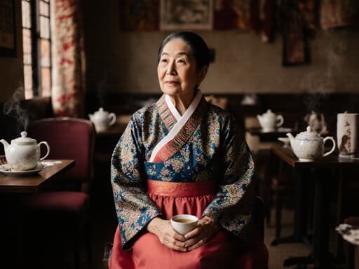 70대 아시아계 여성이 전통 한복을 입고 아늑한 카페에 앉아 차를 들고 생각에 잠겨 외로운 표정을 짓고 있습니다. 그녀의 외로운 표정과 전통 소품의 따뜻한 분위기가 반영적인 감정을 자아냅니다.