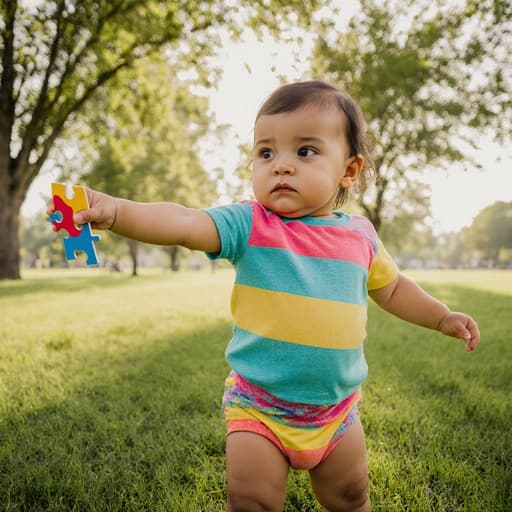 밝은 색상의 티셔츠와 반바지를 입고 퍼즐 조각을 들고 스트레칭하고 있는 1세 라틴계 여성 아기의 반신 촬영. 푸른 잔디와 나무들이 있는 공원에서 자연광 아래에서 약간 지루한 표정을 짓고 있습니다.