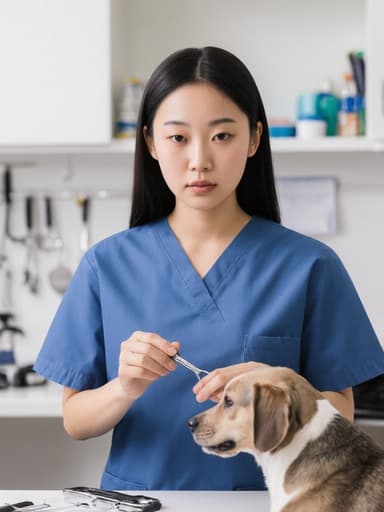10대 초반 아시아계 여성 모델이 수의사 의사복을 입고 수의사의 진료실에 앉아 있습니다. 그녀는 손에 수의사 도구를 들고 동물을 진찰할 준비를 하며, 무표정으로 진지한 표정을 짓고 있습니다. 진료실 배경은 동물 관련 자료로 가득 차 있어 전문적이고 집중된 분위기를 만들어냅니다.