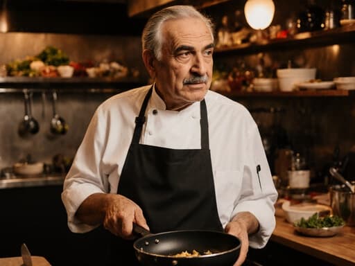 60대 중동계 남성이 아늑한 레스토랑 주방에 서 있습니다. 그는 편안한 셔츠와 바지를 입고 앞치마를 두르고 있으며, 팬을 들고 무관심한 표정으로 주변을 바라보고 있습니다. 다양한 재료와 조리 도구가 있는 따뜻한 분위기 속에 있습니다.