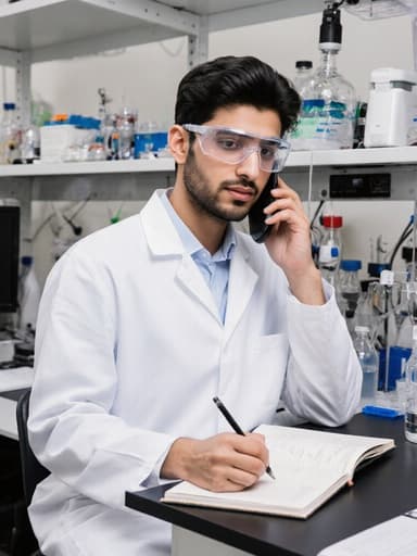 중동계 10대 남성이 흰색 실험복과 안전 안경을 착용하고 있으며, 실험 장비가 가득한 분석실에서 전화를 귀에 대고 노트를 적고 있는 모습입니다. 그의 평온한 표정은 현재의 작업에 집중하는 모습을 잘 보여주며, 과학적인 환경이 드러나는 배경이 강조됩니다.