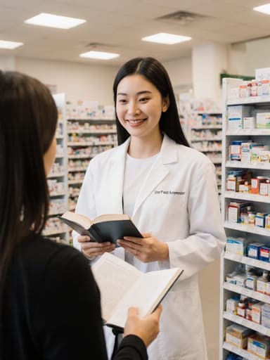 20대 백인 여성의 반신 촬영으로, 깔끔한 흰색 약사 가운과 캐주얼한 티셔츠를 입고 자연스러운 미소를 지으며 책을 읽고 고객과 소통하는 모습이 잘 정리된 약국 내부에서 촬영되었습니다.