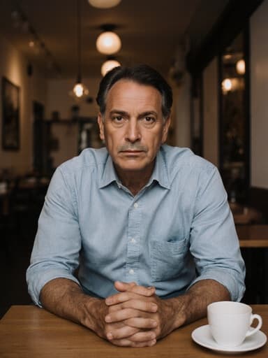 40대 혼혈 남성이 캐주얼한 셔츠와 청바지를 입고, 아늑한 카페에서 테이블에 손을 올리고 약간 앞으로 기울인 자세로 심각하게 생각하고 있는 모습입니다. 부드러운 조명과 커피잔이 배경을 이루어 따뜻한 분위기를 만들어냅니다.