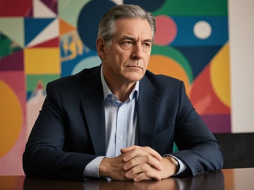 40대 혼혈 남성이 세련된 블레이저와 깔끔한 셔츠를 입고 반신샷으로 촬영되었습니다. 그는 차가운 표정으로 회의 테이블에 손을 올리고 깊은 생각에 잠긴 모습입니다. 배경은 다양한 창의적인 요소가 가득한 디자인 스튜디오로, 혁신과 집중의 분위기를 강조합니다.