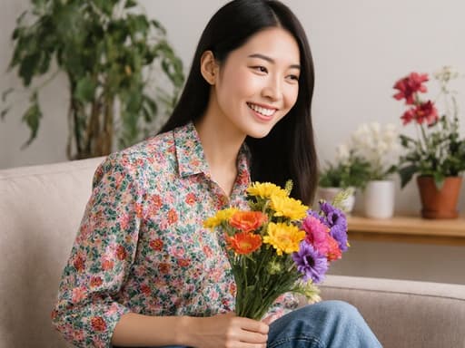 아늑한 거실에 앉아 있는 10대 후반 아시아계 여성은 밝은 미소를 지으며 다채로운 꽃다발을 들고 있으며, 생동감 넘치는 화분들로 둘러싸여 자신감과 기쁨을 표현하고 있습니다.