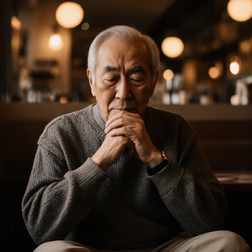 70대 아시아계 남성이 자연스러운 외모로 편안한 니트 스웨터와 바지를 착용한 반신 사진. 그는 손을 가슴에 얹고 명상에 잠긴 자세로 서 있으며, 깊은 생각에 잠긴 표정을 짓고 있습니다. 조용한 카페의 아늑한 내부가 따뜻한 조명으로 비춰져, 주제의 사색적인 표정을 더욱 돋보이게 하는 초대형적인 분위기를 만들어냅니다. 전체적인 구성은 평온함과 성찰을 강조하며, 마음챙김과 휴식의 주제를 위한 이상적인 이미지입니다.