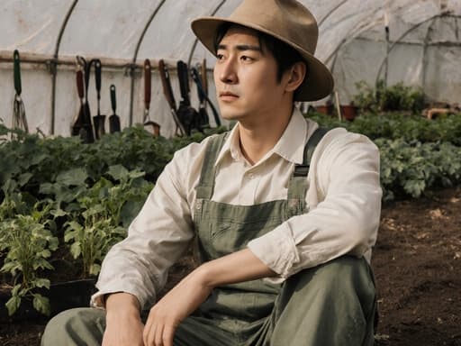 이 이미지는 친환경 작업복을 입은 30대 한국인 남성이 한쪽 다리를 뻗고 앉아 있는 모습으로, 농업 장비와 식물들로 둘러싸인 농장 배경에서 촬영되었습니다. 그의 약간 지루한 표정은 이 장면에 친근감을 더합니다.
