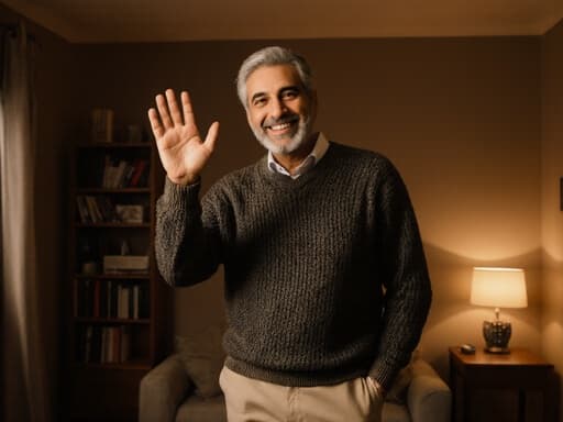 50대 중동계 남성의 반신 사진으로, 자연스러운 외모를 지니고 있으며 편안한 니트 스웨터와 슬랙스를 착용하고 있습니다. 매력적인 미소를 띠고 있으며 손을 가볍게 들어 인사하는 자세를 취하고 있습니다. 배경은 책장이 있는 아늑한 거실로 따뜻한 조명이 비추고 있어 편안한 분위기를 연출합니다.