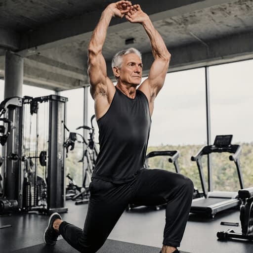 50대 유럽계 남성이 세련된 운동복을 입고 스트레칭 자세로 팔을 위로 올리며 자신감 있는 모습으로 반신 촬영되고 있으며, 모던한 헬스장이 배경으로 다양한 운동 기구가 배치되어 있습니다.