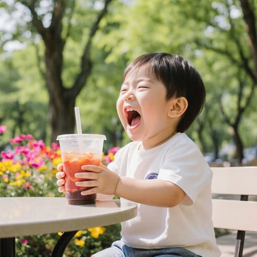 카페 테이블에 앉아 음료를 손에 들고 있는 귀여운 3세 한국인 남성의 반신 사진. 배고픈 표정으로 입을 벌리고 노래를 부르고 있는 모습입니다. 캐주얼한 티셔츠와 반바지를 입고 있어 편안한 분위기와 잘 어울립니다. 배경은 나무와 꽃이 있는 아름다운 공원 풍경으로, 매력적이고 즐거운 분위기를 더합니다.