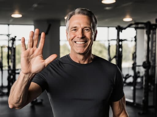 건강해 보이는 40대 유럽계 남성이 스타일리시한 운동복과 운동화를 입고, 운동 기구가 있는 트레이닝룸에서 밝게 웃으며 손을 흔들고 있는 모습이 조명 아래 초대하는 듯한 분위기를 만들어냅니다.