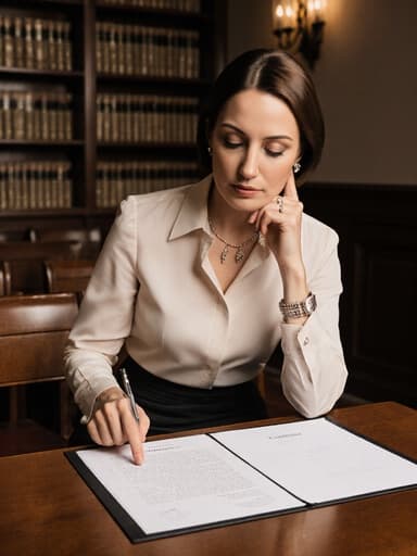 30대 백인 여성이 세련된 비즈니스 복장을 입고 테이블 위의 계약서를 신중하게 검토하고 있는 반신 촬영 이미지로, 법정 배경과 함께 진지하고 사려 깊은 분위기를 전달합니다.