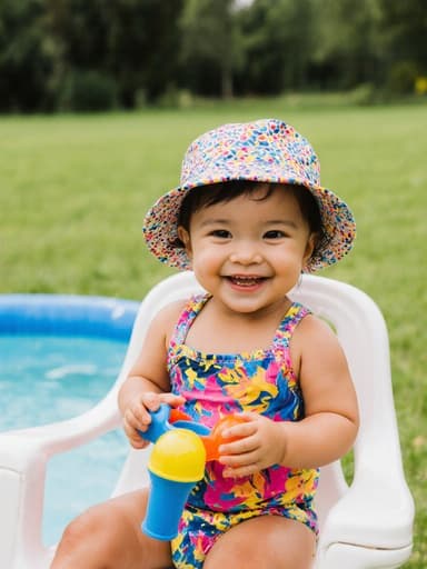 밝은 색의 수영복과 패턴이 있는 모자를 쓴 1세의 혼혈 여아가 공원 의자에 앉아 물놀이용 장난감을 손에 쥐고 환하게 웃고 있습니다. 푸른 잔디와 작은 풀장이 있는 여름의 즐거움을 표현하고 있습니다.