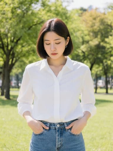 30대 자연스러운 외모의 한국인 여성이 흰색 블라우스와 청바지를 입고, 피곤한 표정을 지으며 손을 허리에 얹고 서 있는 모습의 반신 촬영. 배경은 햇볕이 잘 드는 공원으로, 푸른 나무와 잔디가 가득 차 있습니다.