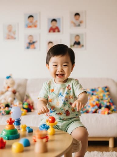 밝은 거실에서 테이블에 앉아 장난감을 가지고 놀며 귀엽게 웃고 있는 1살 한국인 남성의 반신 사진. 주변에는 아기 사진과 장난감이 놓여 있어 즐거운 분위기를 자아냅니다.