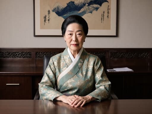 60대 한국인 여성의 반신 촬영으로, 자연스러운 외모를 지닌 고급스러운 전통 한복을 착용하고 있습니다. 그녀는 회의실 테이블에 손을 올려놓고 진지한 무표정으로 앉아 있습니다. 배경은 전통적인 요소가 가미된 상담실로, 한쪽 벽에 한지 장식이 있습니다. 이 구도는 모델과 의상, 문화적으로 풍부한 환경 사이의 조화를 강조하며 매력적인 시각적 이야기로 구성됩니다.