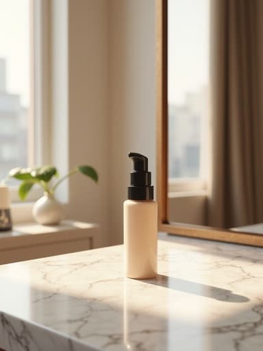 세련된 대리석 화장대 위에 있는 방수 컨실러가 밝고 현대적인 로프트 스타일 아파트에 놓여 있으며, 따뜻한 자연광이 장면을 부각시킵니다.