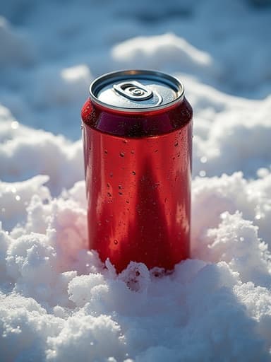 결로가 맺힌 음료 캔의 클로즈업, 섬세한 얼음 장식 위에 놓여있고, 부드러운 자연광이 질감을 강조하고, 얼음에 맑은 반사가 있으며, 부드러운 그림자, 서늘하고 상쾌한 겨울 분위기