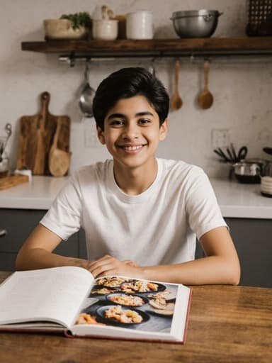 10대 초반의 라틴계 남성이 편안한 티셔츠와 반바지를 입고, 아늑한 주방 테이블에 앉아 요리책을 보며 자연스럽게 미소를 짓고 있습니다. 배경은 따뜻하고 아늑한 주방으로, 정리된 조리 도구와 재료들이 있어 요리를 준비하는 과정에서 기분 좋고 집중한 분위기를 자아냅니다.