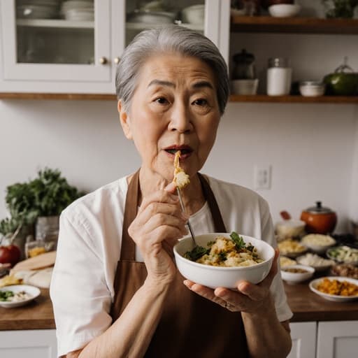 60대 아시아계 여성이 간편한 요리복과 앞치마를 입고, 잘 정리된 주방 작업대에서 다양한 재료들 사이에서 음식을 맛보며 생각에 잠긴 모습을 담은 반신 촬영 이미지입니다.