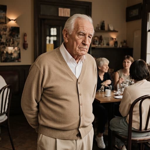 80대 유럽계 남성의 반신 샷으로, 깊은 주름과 자연스러운 외모를 가지고 있습니다. 그는 편안한 카디건과 슬랙스, 운동화를 착용하고 있습니다. 이 남성은 아늑한 카페 내부에서 약간 지루한 표정을 지으며 가족과 함께 걷고 있습니다. 배경에는 가족이 앉아 있는 테이블이 있으며, 카페는 따뜻하고 아늑한 분위기로 부드러운 조명과 매력적인 장식으로 가득 차 있습니다.