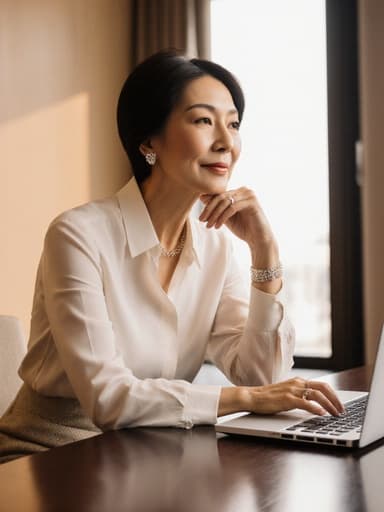 50대 동양인 여성이 우아한 비즈니스 의상을 입고, 손으로 턱을 괴고 테이블 위의 노트북을 바라보며 현대적인 회의실에서 따뜻한 빛을 받고 있는 모습입니다.