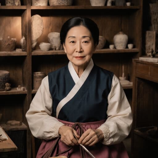 전통 공예 도구를 들고 앉아 있는 80대 혼혈 여성의 반신 사진으로, 전통 한복을 입고 아늑한 작업실에서 여유로운 표정을 짓고 있습니다. 그녀의 표정은 공예에 대한 열정을 잘 드러내고 있습니다.