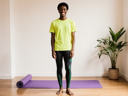 10대 초반의 흑인 남성이 편안한 요가복을 입고, 자연광과 식물로 가득한 아름다운 요가 공간에서 요가 매트 위에 서서 세련된 미소를 지으며 자신감 있게 있는 모습의 반신 촬영.