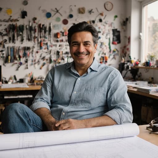 40대의 친근한 라틴계 남성이 편안한 셔츠와 청바지를 입고 창작실에 앉아 있습니다. 그는 디자인 도면을 바라보며 따뜻한 미소를 지으며, 다양한 디자인 도구와 자료가 있는 환경 속에서 영감을 주는 분위기를 자아냅니다.