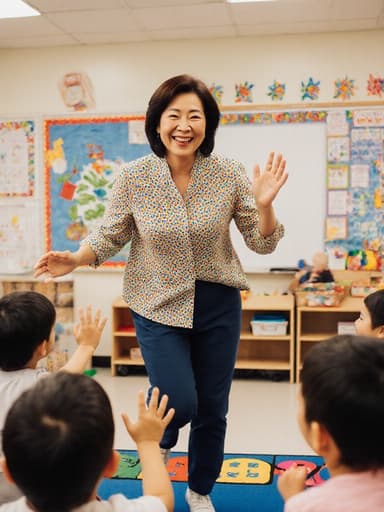 40대의 밝고 자연스러운 외모를 지닌 동양인 여성이 화사한 블라우스와 편안한 바지를 입고 아이들과 함께 달리며 즐거운 표정을 짓고 있는 모습의 전신 사진입니다. 배경은 알록달록한 교육 자료와 그림으로 장식된 유치원 교실로, 따뜻하고 초대하는 분위기를 강조합니다.