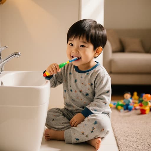 세면대에 앉아 크로스 레그로 앉아 있는 귀여운 1세 한국 남자아이의 반신 사진. 편안한 파자마를 입고 칫솔을 들고 호기심 가득한 표정으로 이 닦는 모습. 밝고 아늑한 거실 배경에 장난감이 놓여 있어 아이의 일상에서 즐거운 순간을 강조합니다.