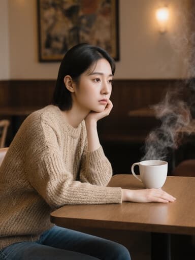 20대 한국인 여성이 반신 촬영으로 담겨 있습니다. 그녀는 편안한 니트 스웨터와 청바지를 입고 있으며, 걱정스러운 표정으로 카페 테이블에 손을 올리고 생각에 잠긴 모습입니다. 따뜻한 조명과 아늑한 카페 배경이 전체적인 분위기를 강조하며 편안함과 사색이 어우러진 완벽한 조화를 이룹니다.