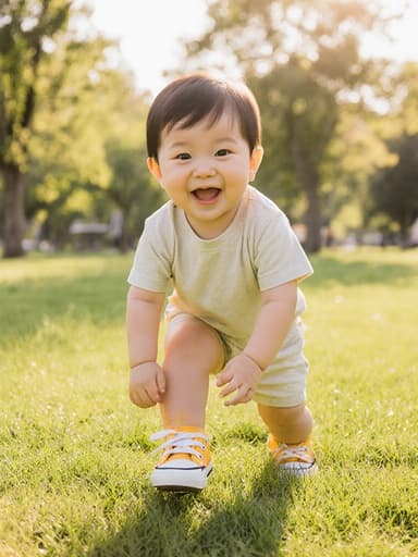 즐거운 표정을 지은 1세 한국인 남자 아기가 반신 촬영으로 포착되었습니다. 편안한 티셔츠와 반바지를 입고, 밝은 색상의 신발을 신기 위해 신발을 들어 올리는 모습입니다. 배경은 푸른 잔디와 나무가 있는 공원에서 따뜻한 햇살이 비추며, 즐거움과 따뜻함을 전합니다.