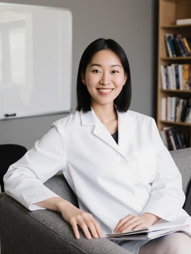 30대 동양인 여성이 흰색 실험복을 입고 현대적인 회의실의 소파에 앉아 있습니다. 그녀는 한 손에 노트를 들고 다른 팔은 소파에 자연스럽게 기대고 있으며, 따뜻한 미소를 지으며 자신감 넘치는 표정을 짓고 있습니다. 배경에는 화이트보드와 책장이 있습니다.